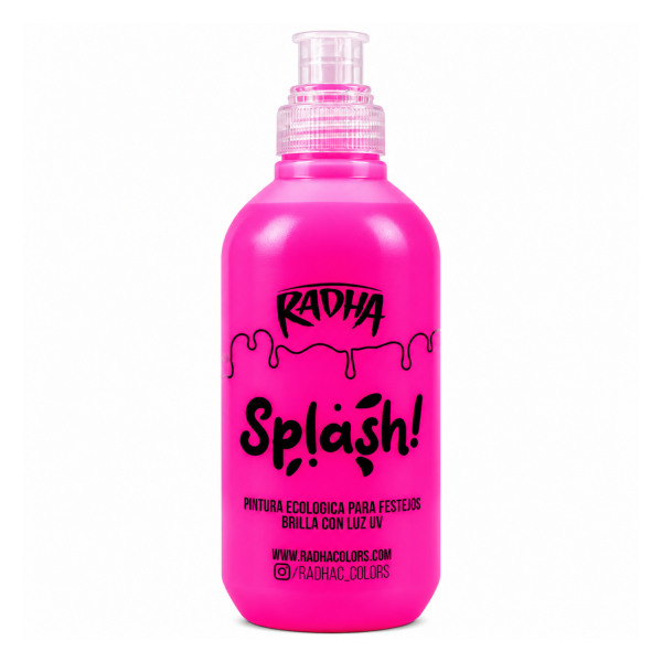 Splash Radha Fucsia 500 cc, botella de pintura ecológica para festejos con efecto fluorescente bajo luz UV.