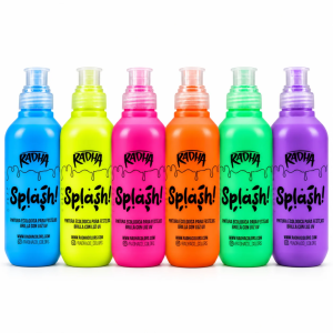 Splash Radha Pintura 500 cc en seis colores: celeste, amarillo, rosa, naranja, verde y violeta, para festejos con luz UV.