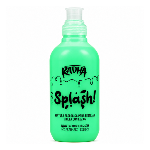 Splash Radha Verde 500 cc, botella de pintura ecológica para festejos con efecto fluorescente bajo luz UV.