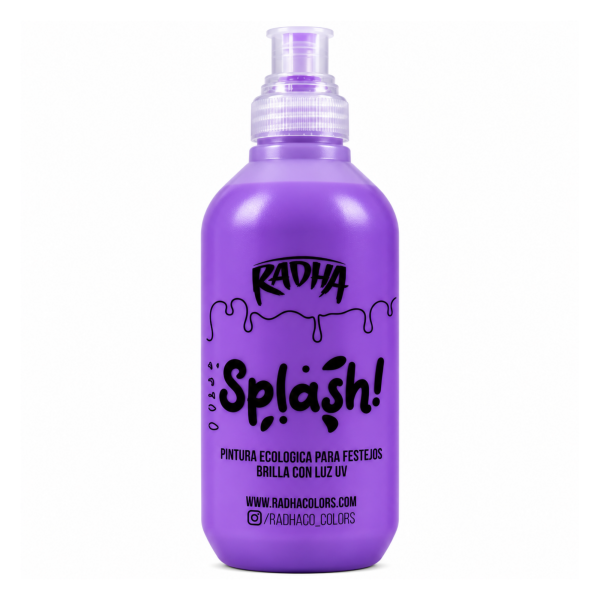 Splash Radha Violeta 500 cc, botella de pintura ecológica para festejos con efecto fluorescente bajo luz UV.